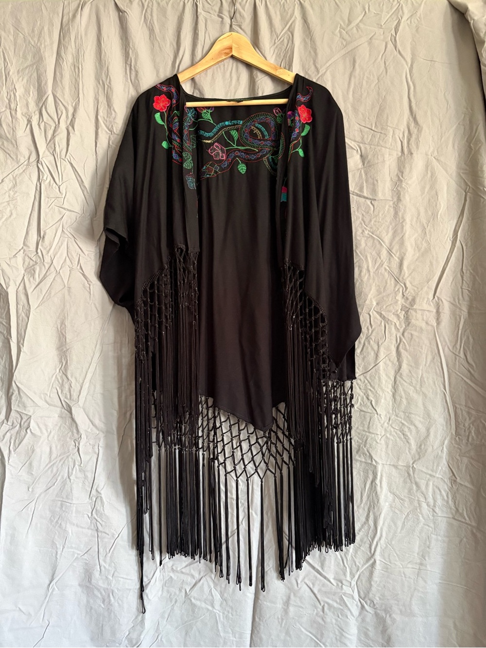 Embroidered Boho Fringed Shawl